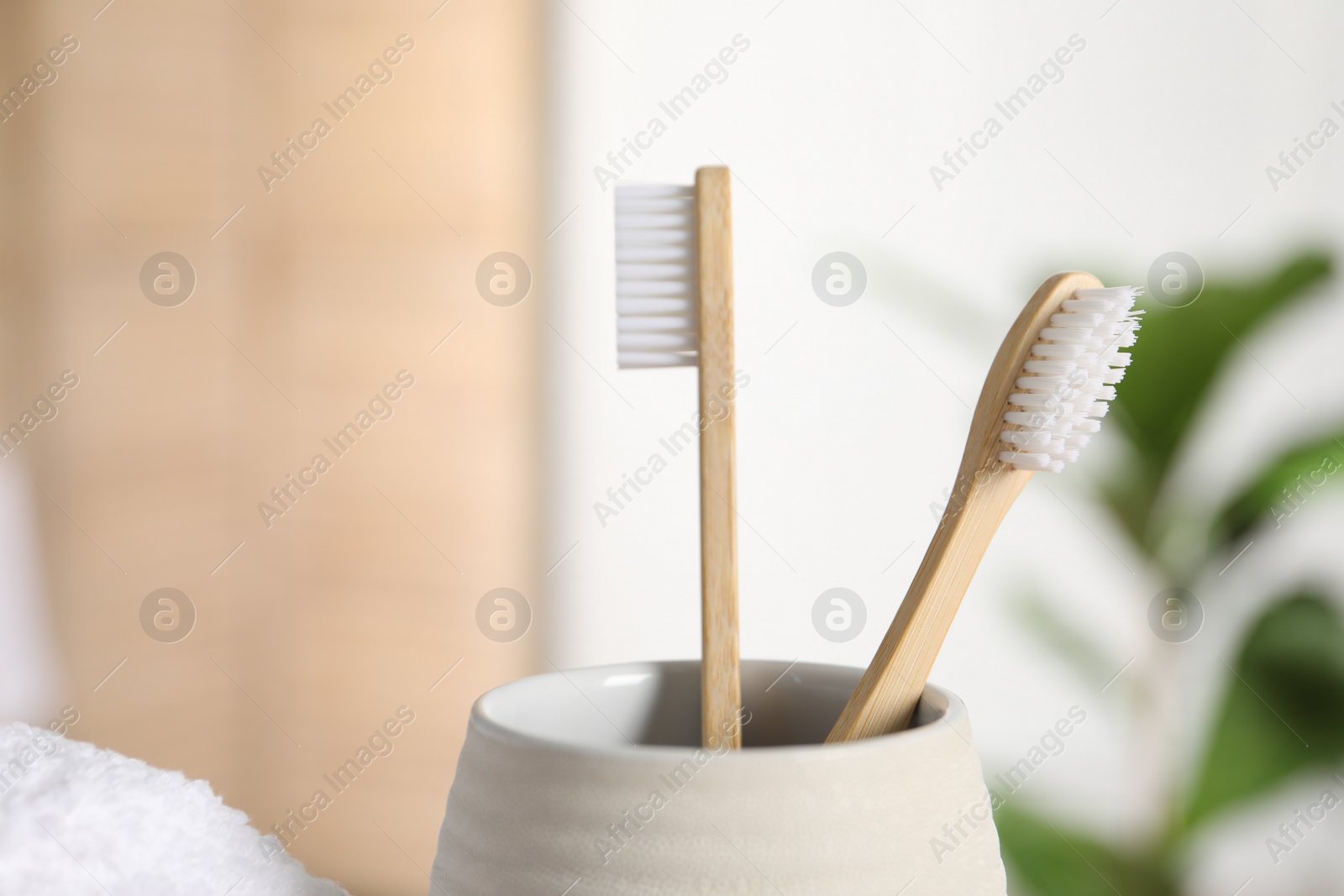 Photo of Bamboo toothbrushes in holder on blurred background, closeup