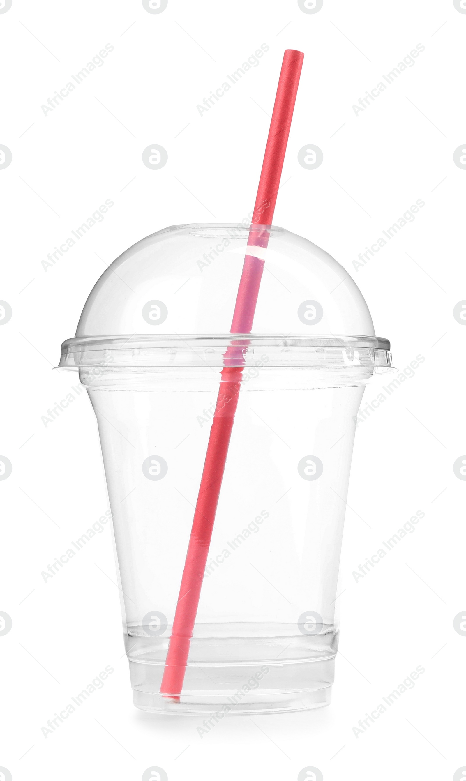 Photo of Empty transparent plastic cup with straw isolated on white