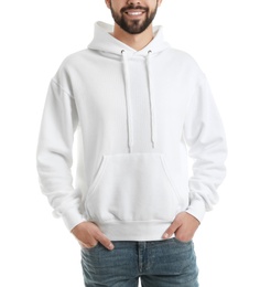 Photo of Young man in sweater isolated on white, closeup. Mock up for design