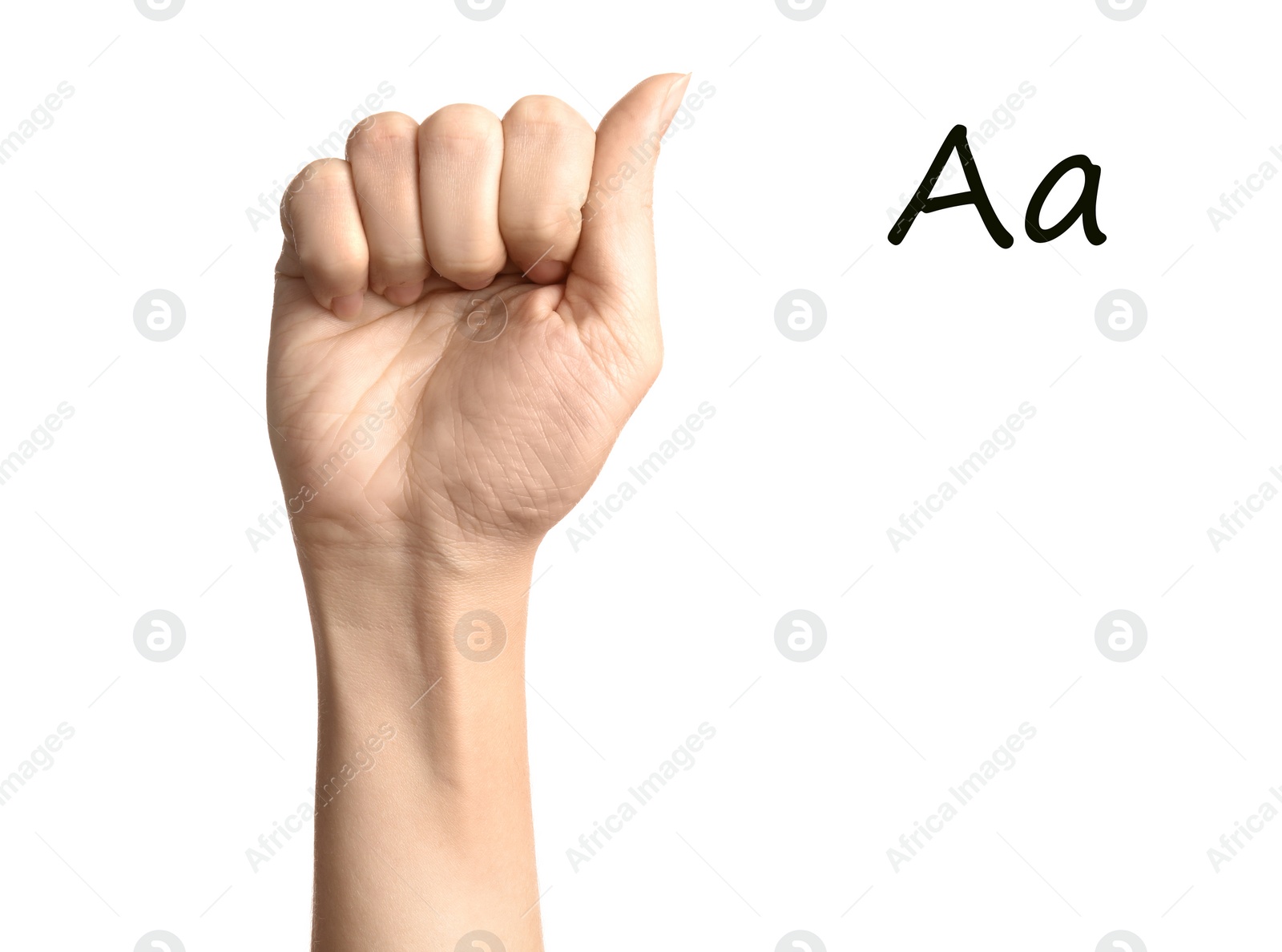 Image of Woman showing letter A on white background, closeup. Sign language