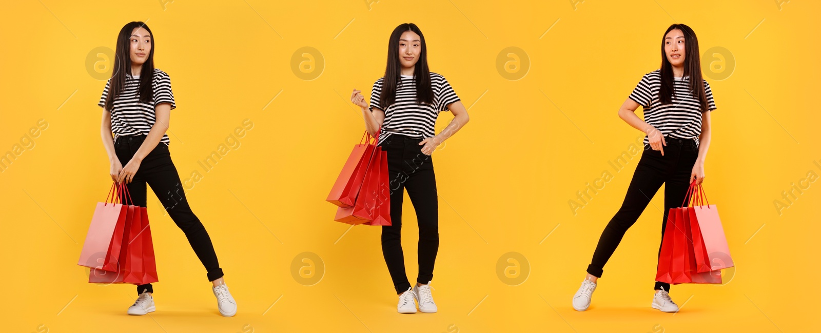 Image of Woman with shopping bags on orange background, set with photos