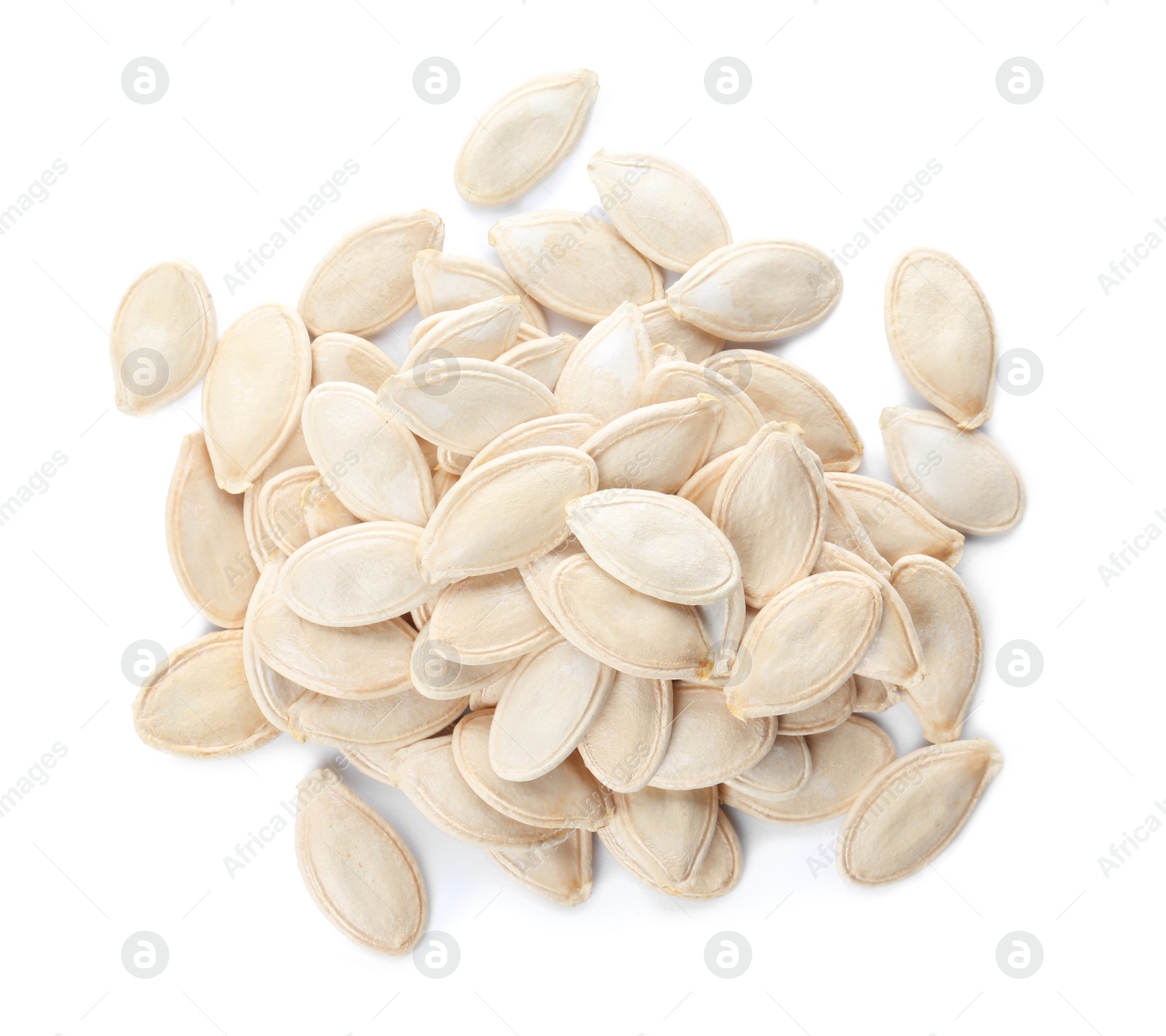 Photo of Pile of raw pumpkin seeds on white background, top view