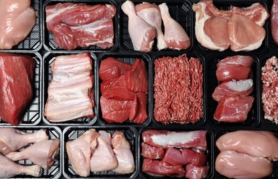 Photo of Containers with different raw meat, top view