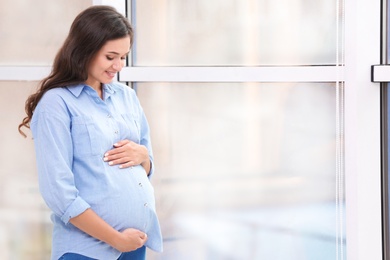 Beautiful pregnant woman near window at home