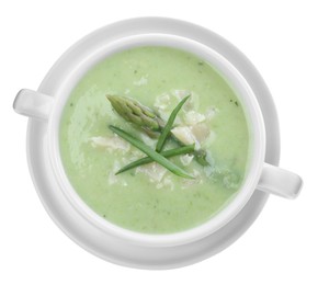 Photo of Delicious asparagus soup with green onion on white background, top view