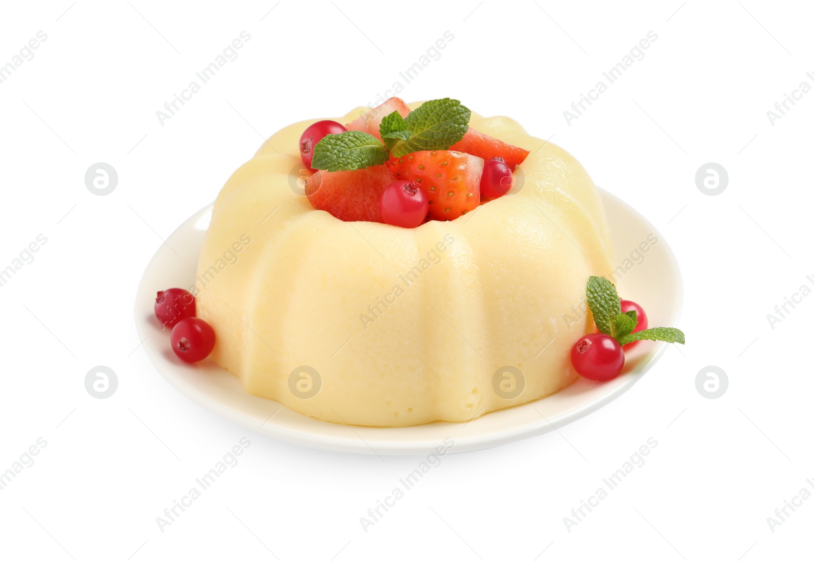 Photo of Delicious semolina pudding with berries isolated on white