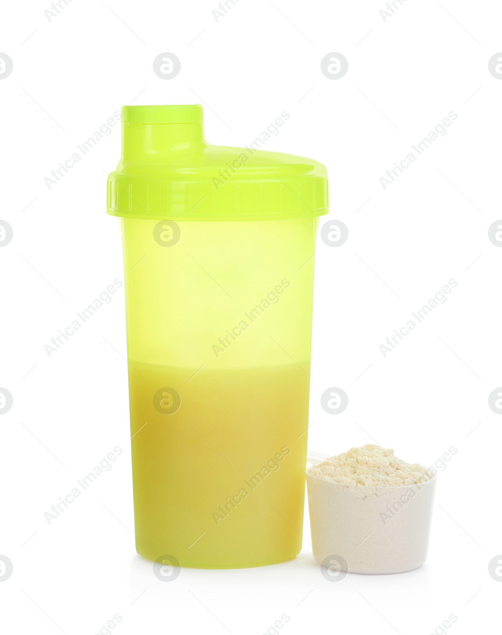 Photo of Protein shake and powder isolated on white