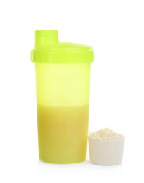 Protein shake and powder isolated on white