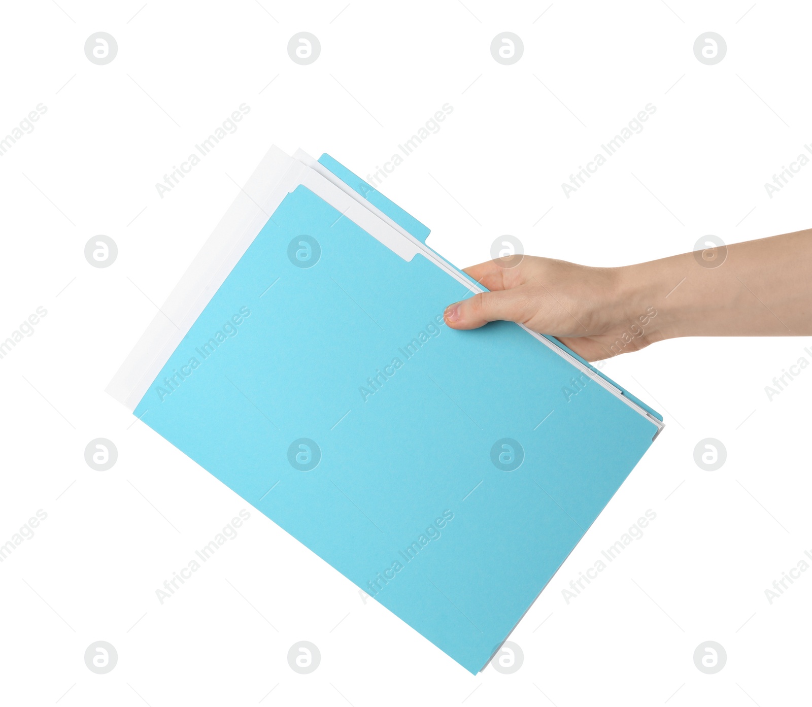 Photo of Woman holding turquoise file with documents on white background, closeup