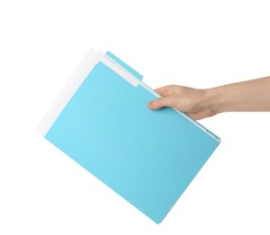 Photo of Woman holding turquoise file with documents on white background, closeup