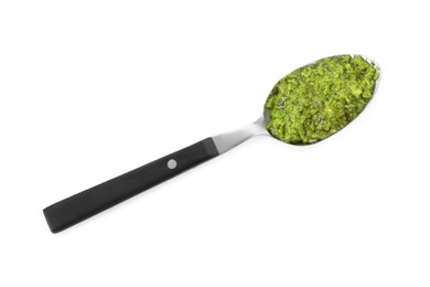Photo of Spoon with delicious pesto sauce isolated on white, top view