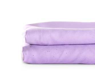 Photo of Stack of clean bed sheets isolated on white