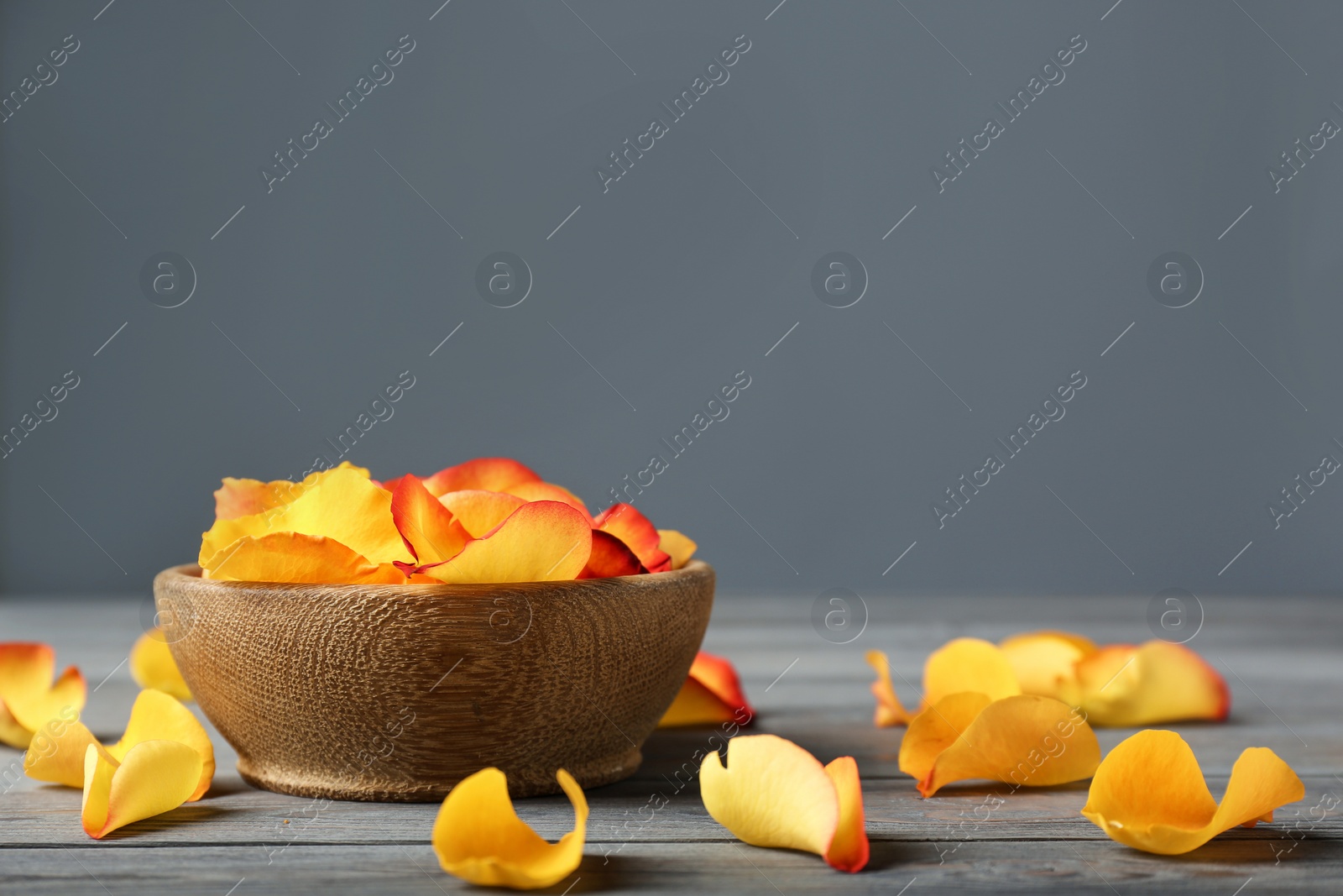 Photo of Bowl with rose petals on wooden table, space for text