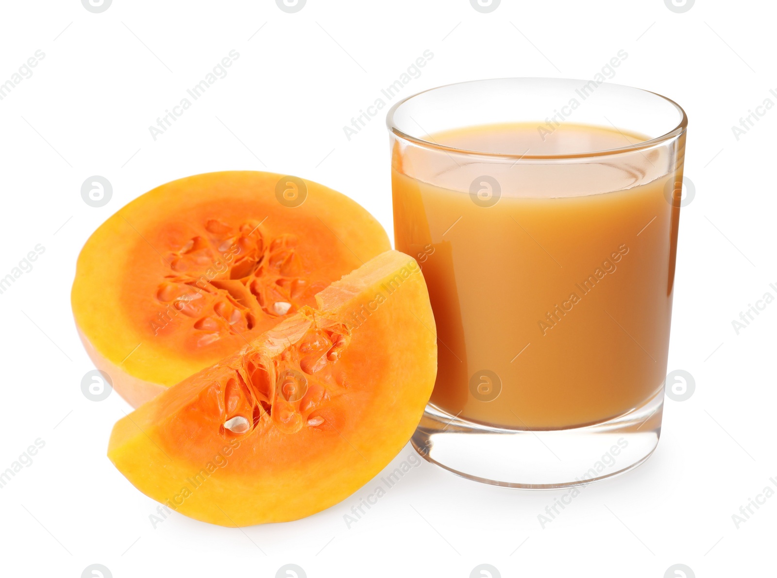 Photo of Glass with pumpkin juice and fresh vegetable on white background