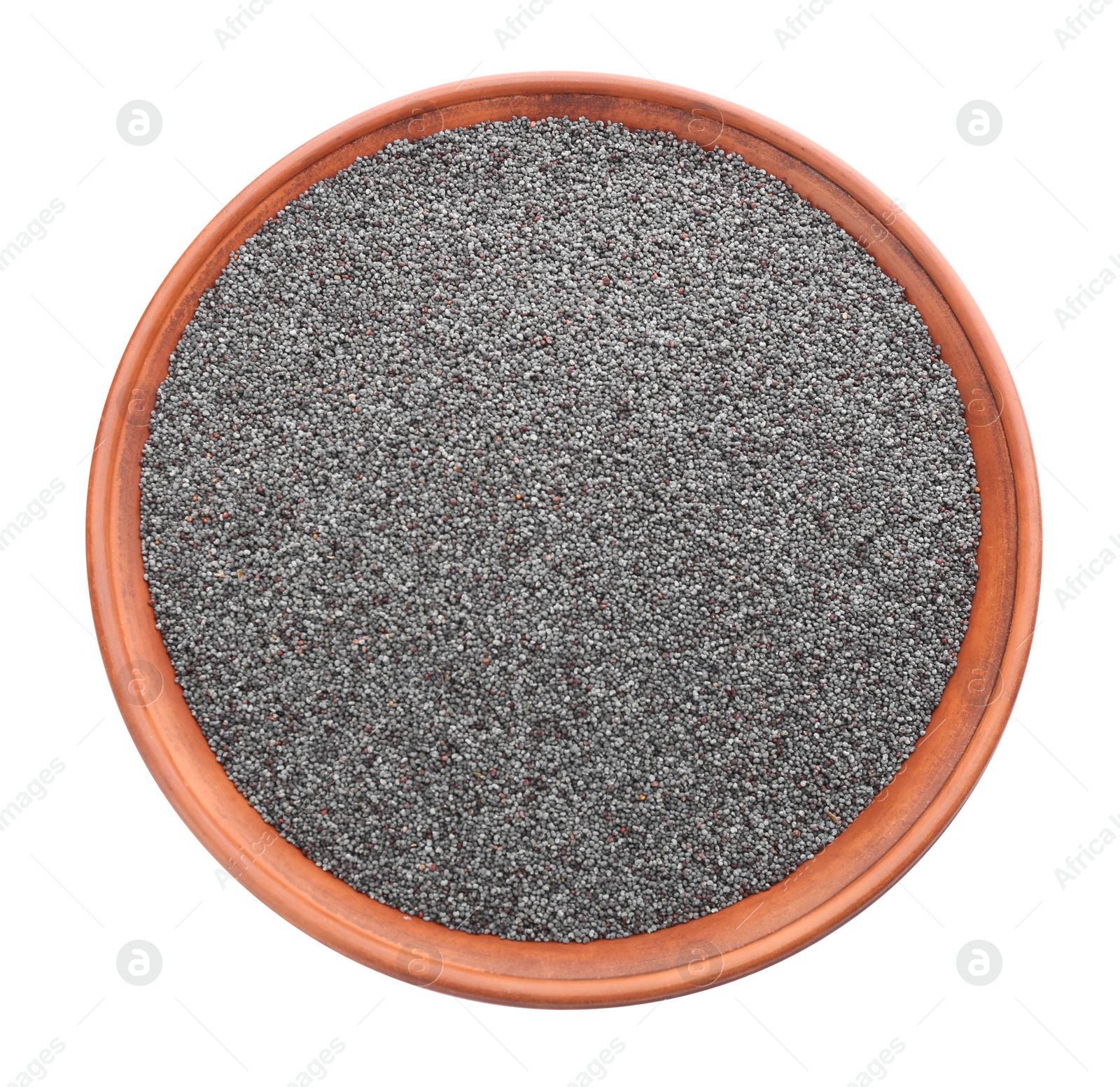 Photo of Poppy seeds in bowl isolated on white, top view