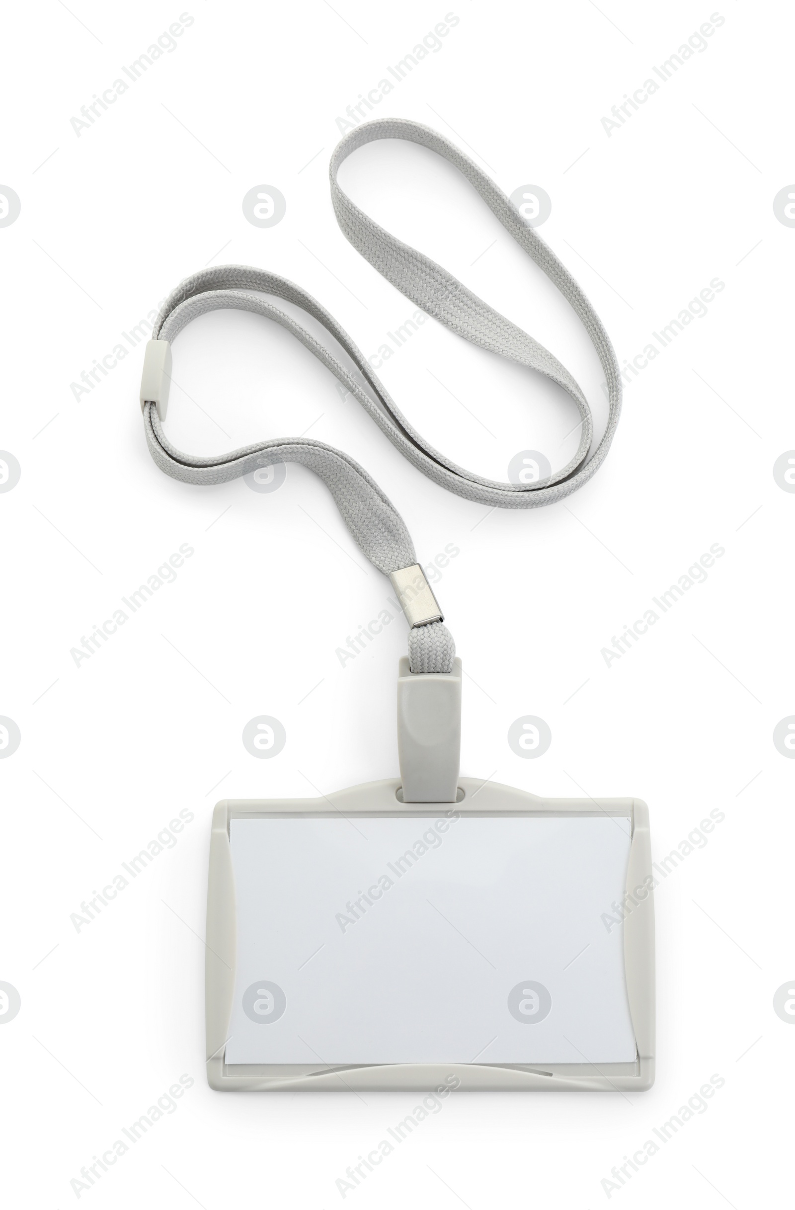 Photo of Blank badge with grey string isolated on white, top view