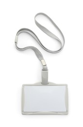 Photo of Blank badge with grey string isolated on white, top view