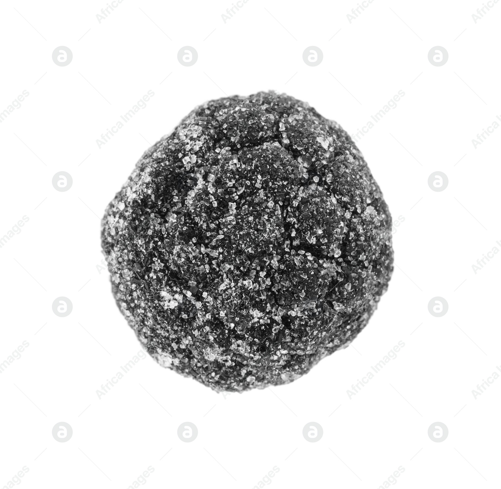 Photo of Delicious chewy candy with liquorice isolated on white, top view