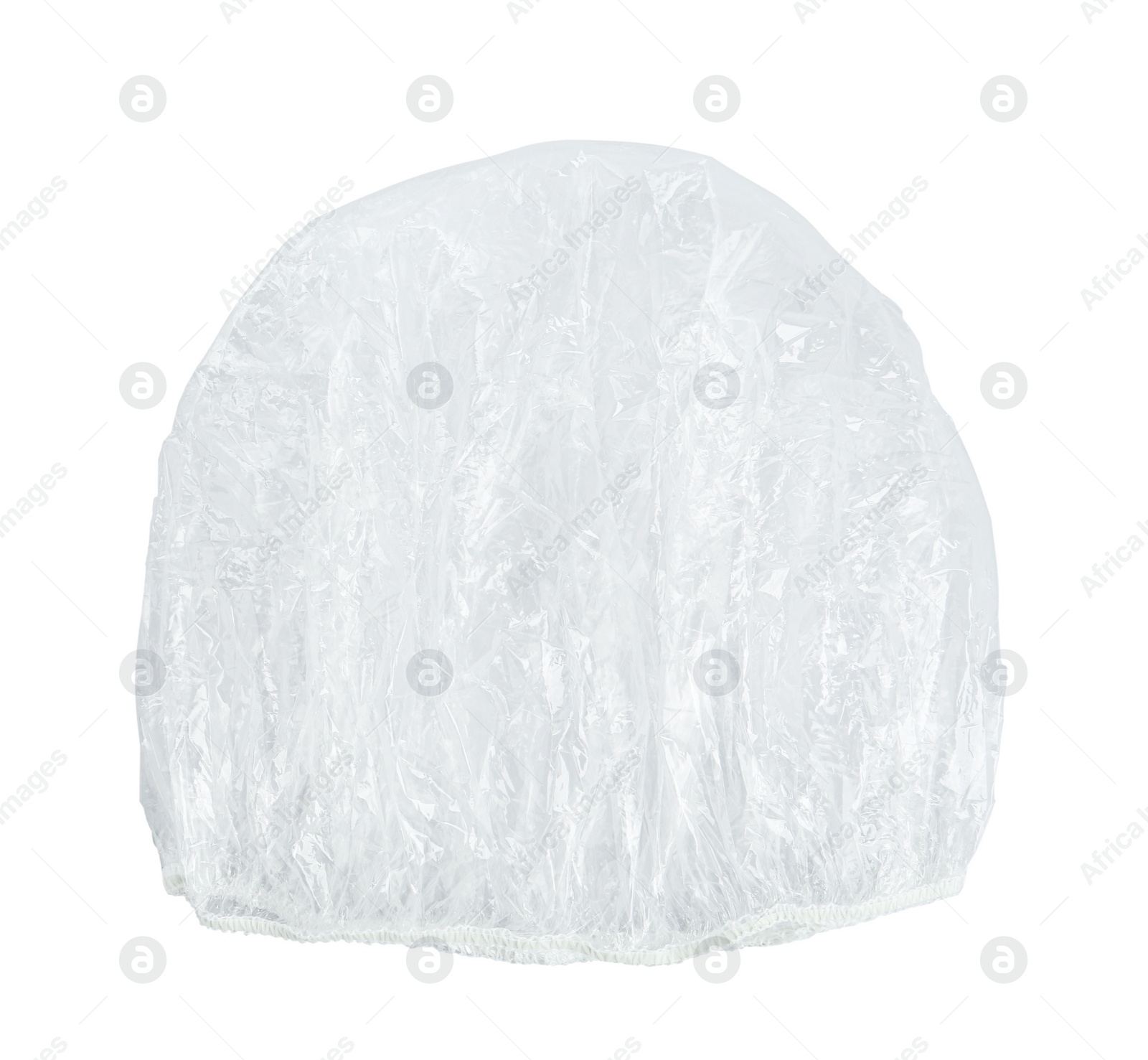 Photo of Transparent shower cap on white background, top view