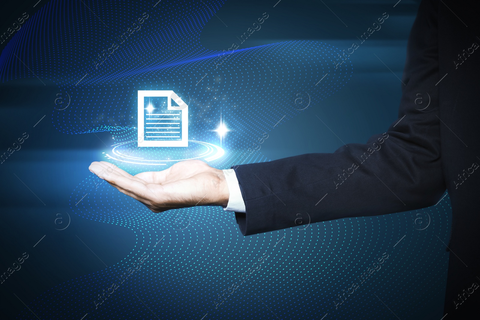 Image of Man holding virtual icon of computer file on dark blue background, closeup