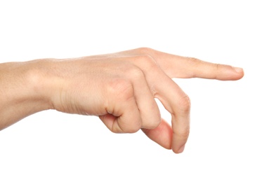 Man showing hand sign on white background, closeup. Body language