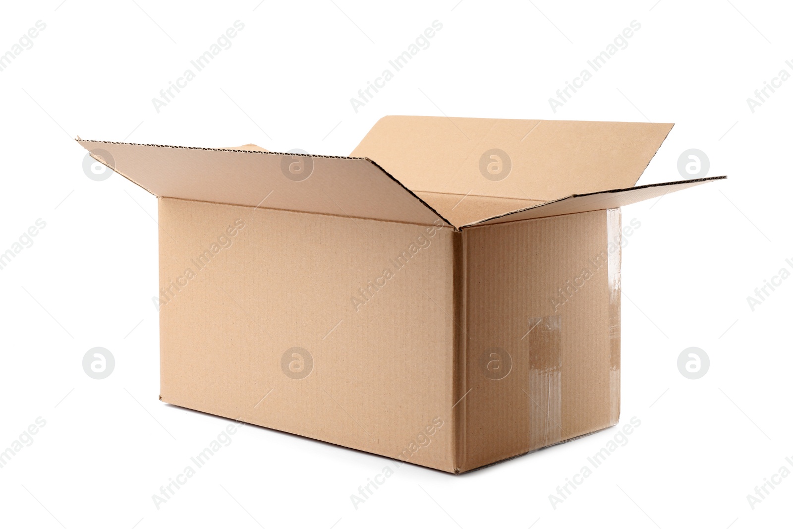 Photo of Open cardboard box on white background. Mockup for design