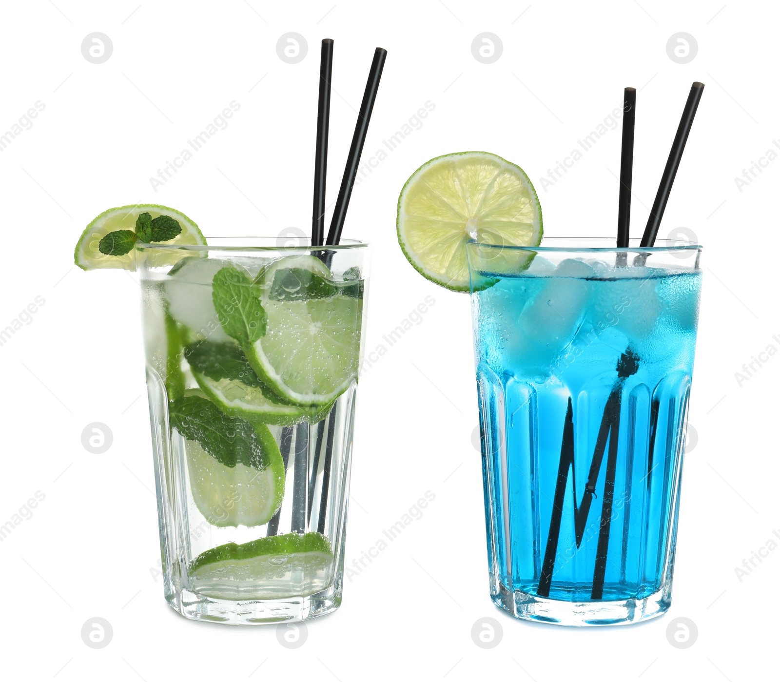 Photo of Tasty refreshing cocktails in glasses on white background