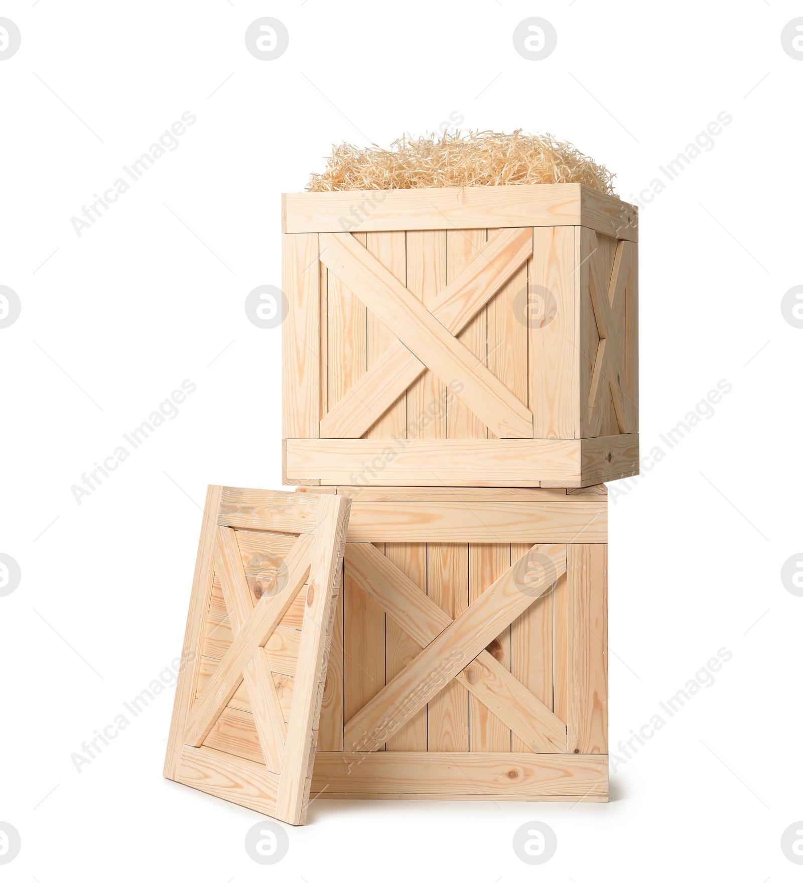 Photo of Wooden crates on white background. Shipping containers