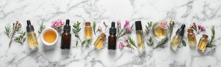 Flat lay composition with bottles of natural tea tree oil and space for text on white marble background