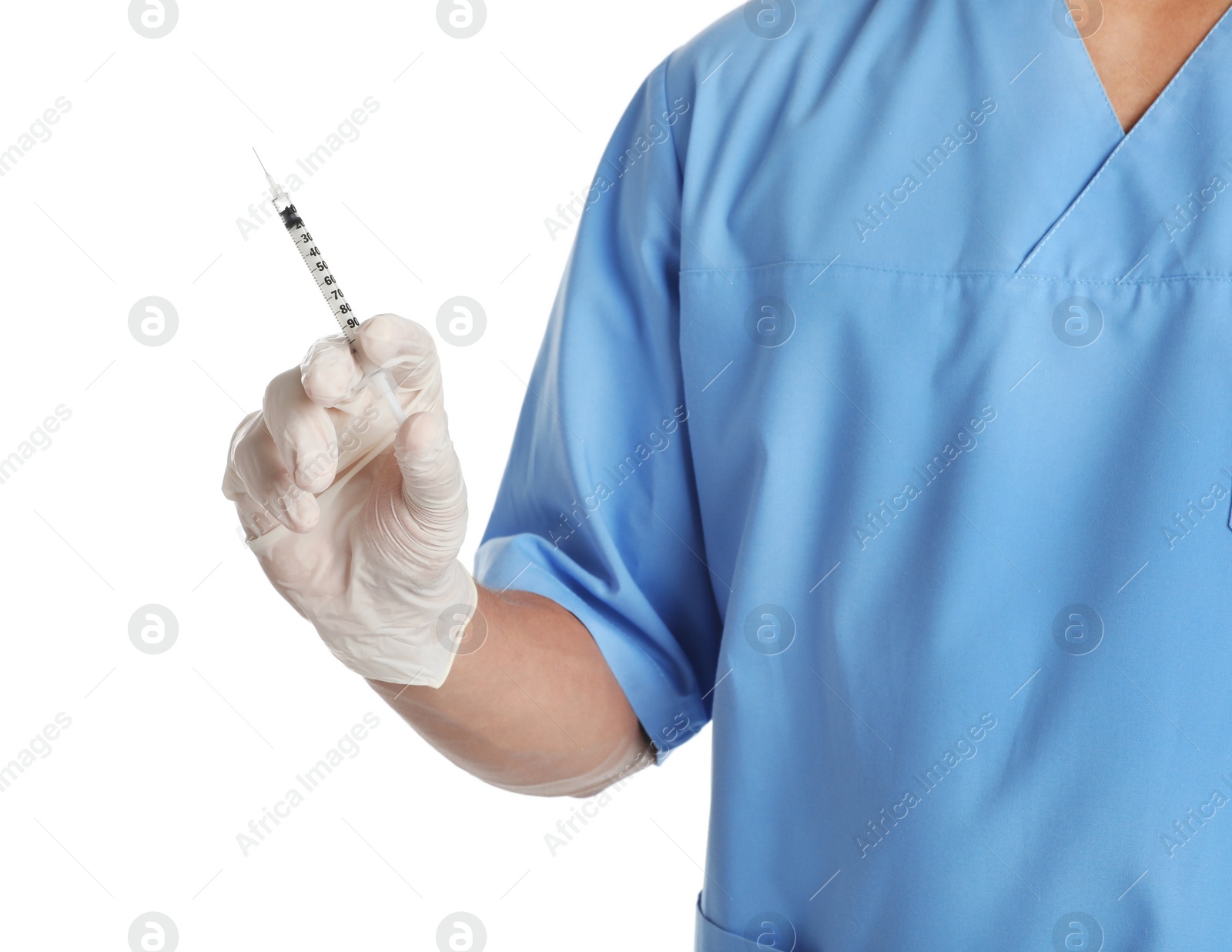 Photo of Male doctor with insulin syringe on white background, closeup. Medical object