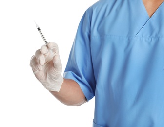 Photo of Male doctor with insulin syringe on white background, closeup. Medical object