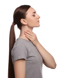 Photo of Young woman with sore throat on white background
