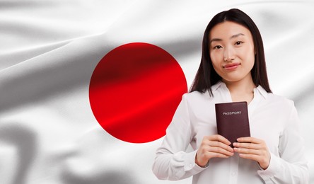 Immigration. Woman with passport against national flag of Japan, space for text. Banner design