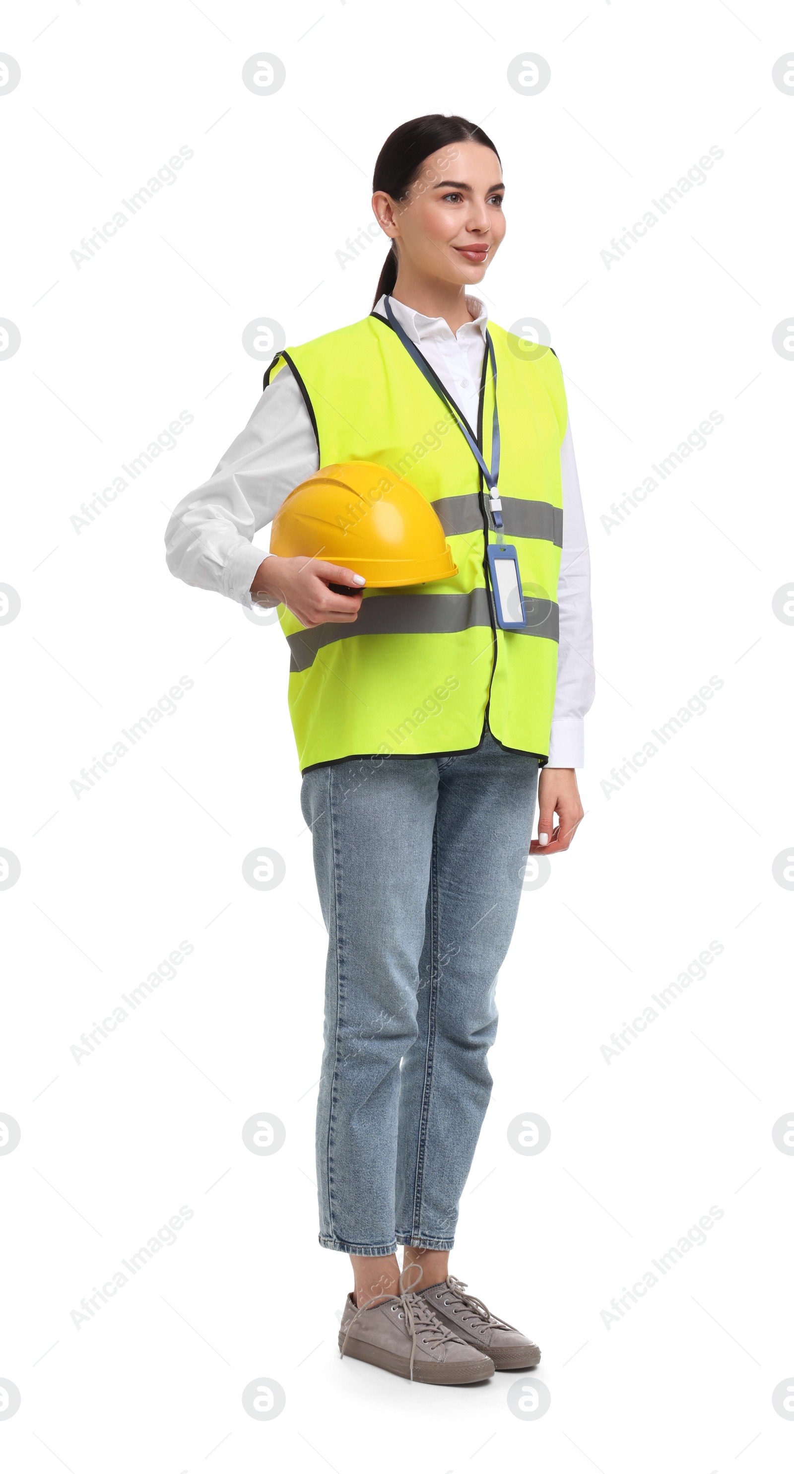 Photo of Engineer with hard hat and badge on white background