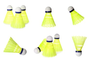 Image of Set with badminton shuttlecocks on white background