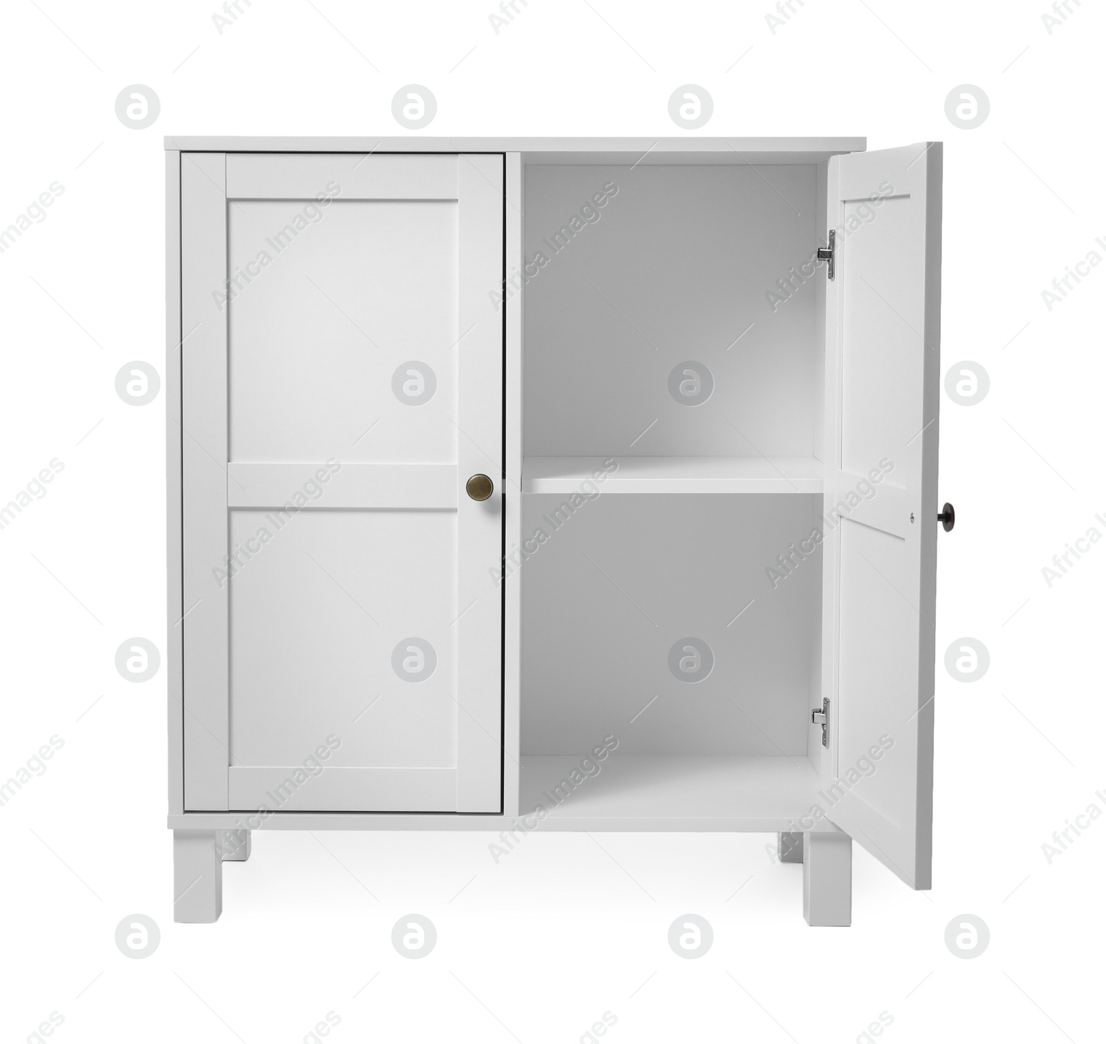 Photo of Empty wooden cabinet on white background. Stylish home furniture