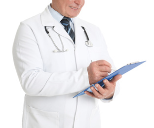 Senior doctor with clipboard on white background, closeup