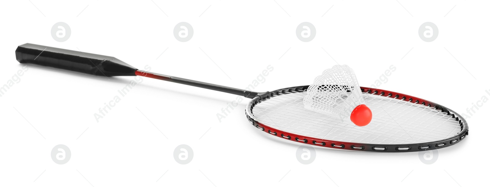 Photo of Badminton racket and shuttlecock on white background