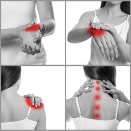 Image of Women suffering from rheumatism, black and white effect with red accent. Collage of photos