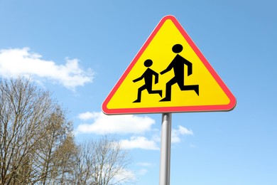 Traffic sign Children on city street, space for text