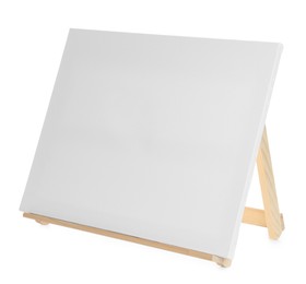 Photo of Wooden easel with blank canvas isolated on white