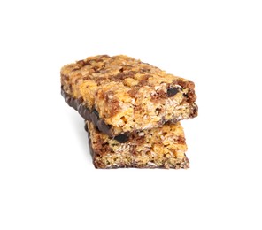 Photo of Halves of tasty protein bar with granola on white background