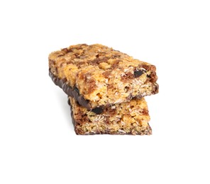 Halves of tasty protein bar with granola on white background