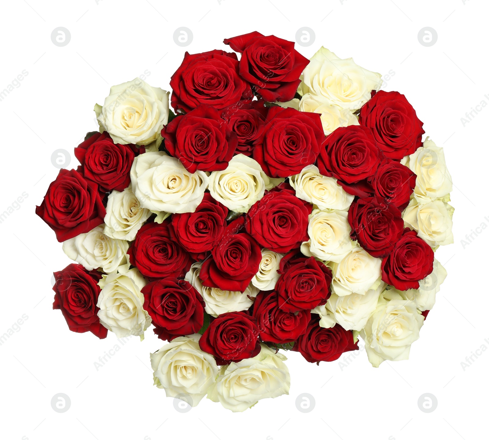 Photo of Luxury bouquet of fresh roses isolated on white, top view