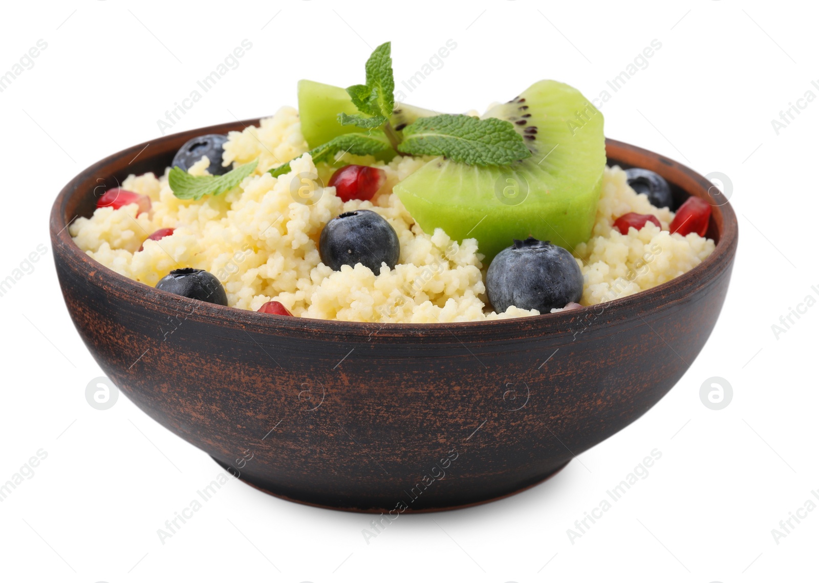 Photo of Bowl of tasty couscous with kiwi, blueberries and pomegranate isolated on white