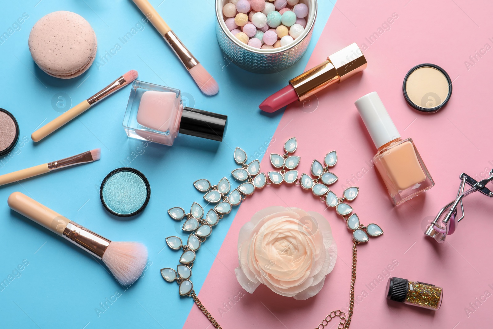 Photo of Flat lay composition with decorative cosmetics on color background