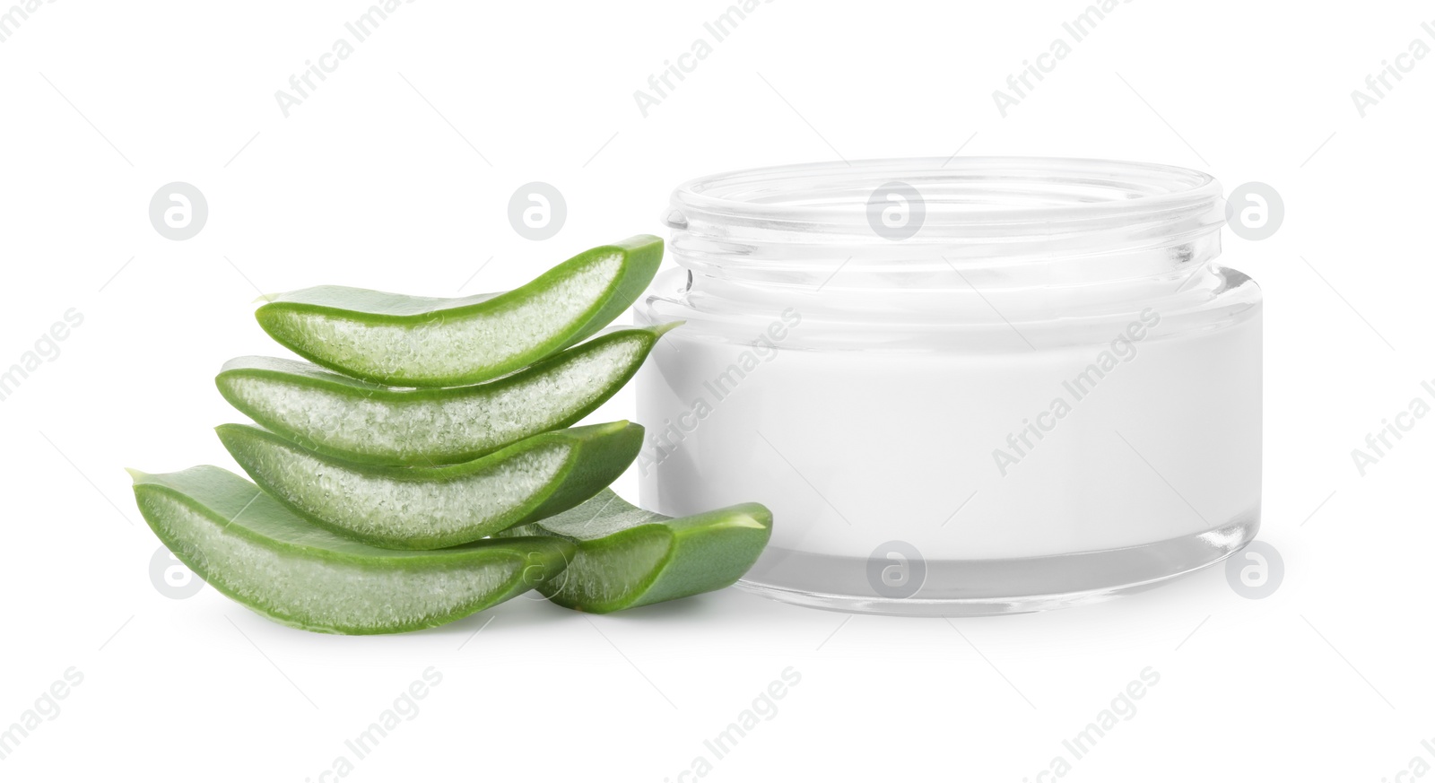 Photo of Jar of natural cream and cut aloe leaves isolated on white