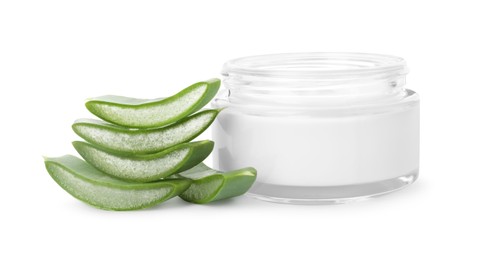 Photo of Jar of natural cream and cut aloe leaves isolated on white