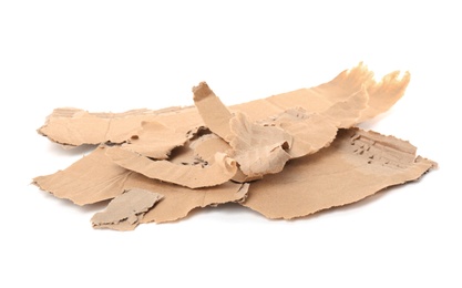 Photo of Pieces of torn cardboard on white background. Recyclable material