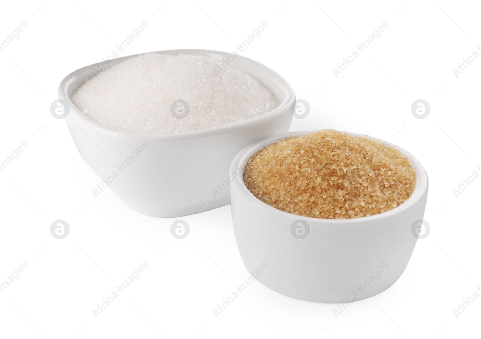 Photo of Bowls with different granulated sugar on white background